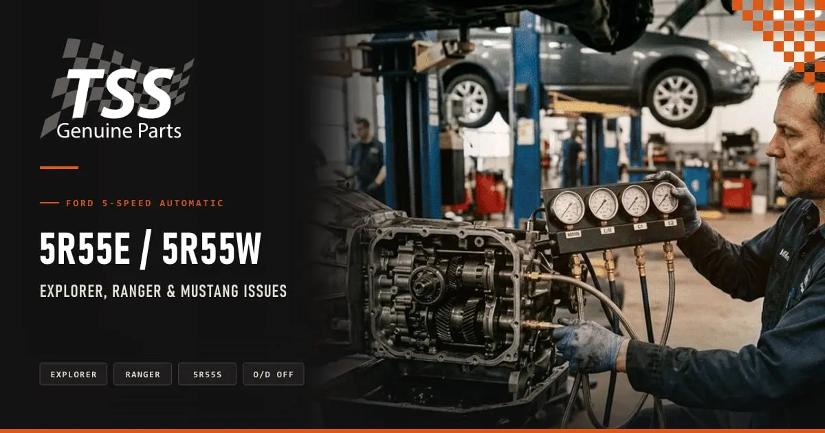 TSS parts for Ford's 5R55 family: A4LD to 5R55E flex band, A4LD to 5R55E filter and 5R55W/5R55S solenoid body