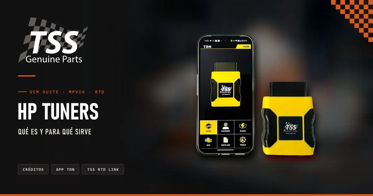 TSS RTD Link de HP Tuners junto a un celular con la app TDN